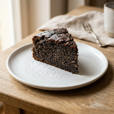 Slice of homemade poppy powder cake with a light dusting of dried poppy powder.