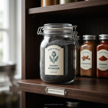 Airtight jar of dried poppy powder stored in a cool, dark pantry.