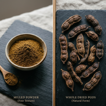 Side-by-side comparison of bulk poppy pods powder and whole dried Papaver somniferum pods showing the two main formats