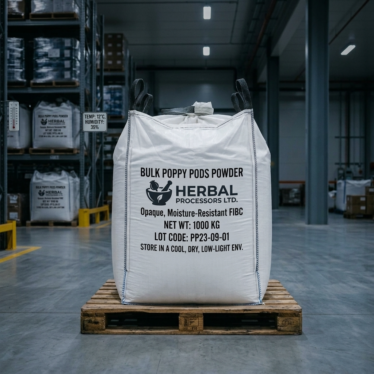 Sealed moisture-resistant opaque bag of bulk poppy pods powder stored in a cool, dry, low-light environment