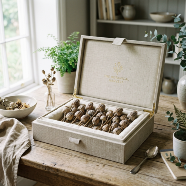 Dried poppy pods stored flat in a cushioned rigid box, displayed in a natural lifestyle setting for long-term botanical protection