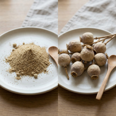 Side-by-side comparison of bulk poppy pods powder and whole dried poppy pods showing the two main formats.
