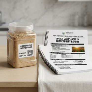 Batch documentation displayed beside a labeled bulk poppy pods powder sample showing sourcing transparency.