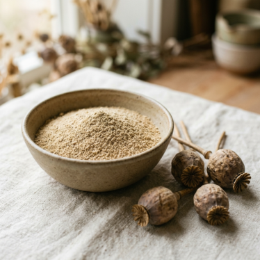 Premium poppy pod powder in a bowl next to whole dried Papaver somniferum pods.