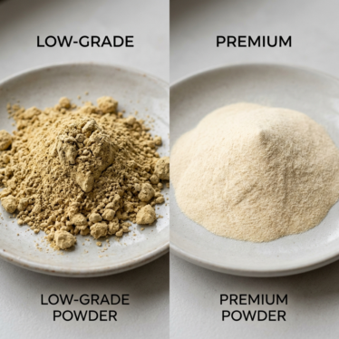 Comparison of low-quality poppy powder beside fine premium dried poppy pod powder.