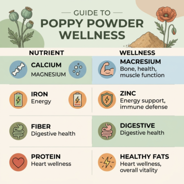 Infographic showing poppy powder health benefits and nutritional profile.