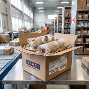 Dried poppy pods wrapped in protective packaging inside a shipping box, prepared for transport.