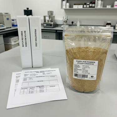 Sourcing documentation next to a labeled bag of premium poppy pod powder.