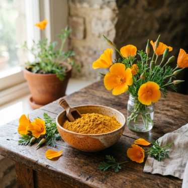 California poppy powder in a bowl next to fresh Eschscholzia californica flowers