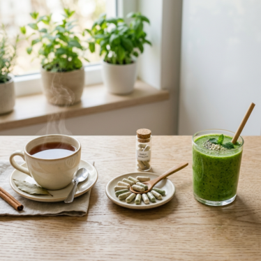 California poppy powder prepared three ways: tea, capsules, and a smoothie