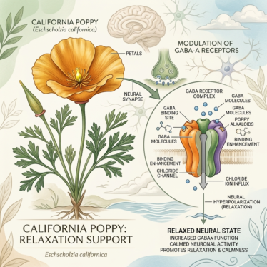 Diagram explaining how California poppy powder supports sleep through GABA activity