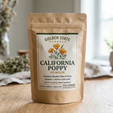 Sealed pouch of California poppy powder showing a batch number and label