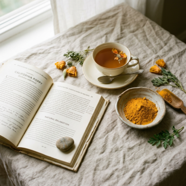 Flat-lay of California poppy powder, teacup, and book for a calming routine