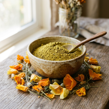finely milled golden-green California poppy powder in a ceramic bowl, dried Eschscholzia californica flowers scattered beside it, soft natural light.