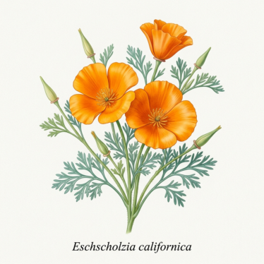Botanical close-up of the living Eschscholzia californica plant — bright orange four-petaled flowers with feathery blue-green foliage — labeled with the botanical name.