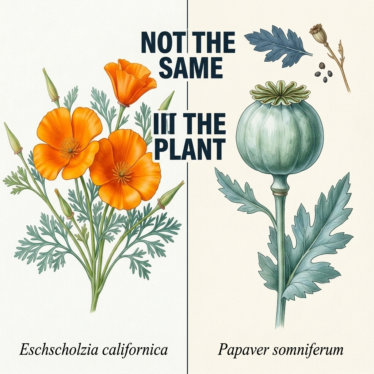 Side-by-side comparison graphic — orange California poppy flower on the left, pale opium poppy pod on the right — with a clear "NOT THE SAME PLANT" label bridging them.