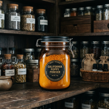 Amber glass airtight jar of California poppy powder positioned in a dark pantry, sealed lid visible, dry environment.