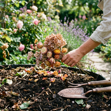 Biodegradable eco-friendly dried flowers composting at the end of their life cycle.