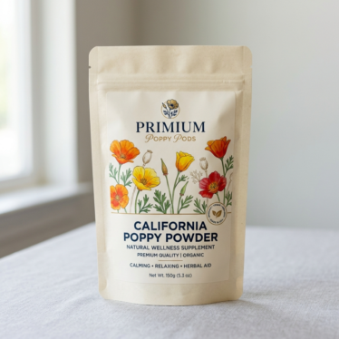 Primium Poppy Pods California poppy powder packaging, clean background, professional e-commerce styling.