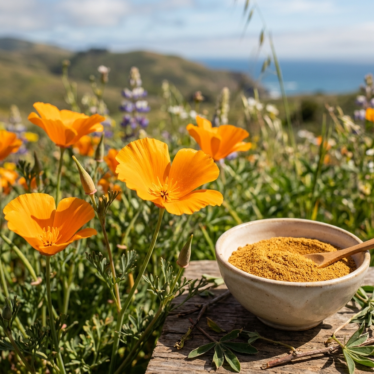 orange California poppy flowers in bloom beside a small bowl of fine dried powder.