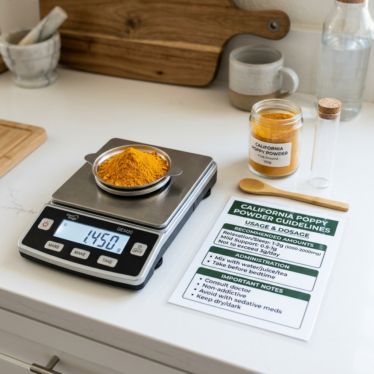 Digital scale measuring California poppy powder beside a labeled dosage chart.