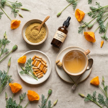 Flat-lay of California poppy in four forms: powder, tincture bottle, capsules, and herbal tea on a neutral background