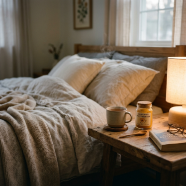 Calming bedside scene with a warm drink, soft dim lighting, and a small jar of California poppy powder on a nightstand.