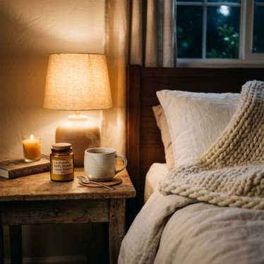 Calming bedside scene with a warm drink, soft dim lighting, and a small jar of California poppy powder on a nightstand.