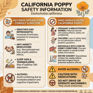 California poppy safety infographic showing drug interactions and warnings for pregnancy, liver conditions, and alcohol.