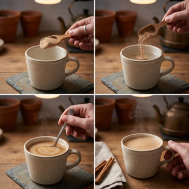 Step-by-step guide showing a measured powder dose being added to and stirred into a warm evening drink in a mug.