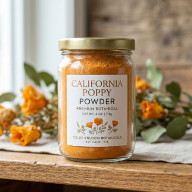 Sealed jar of premium California poppy powder with clear label in a polished botanical product shot.