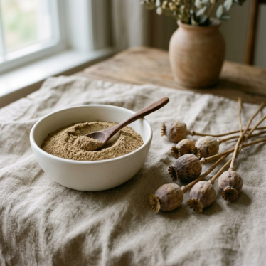 Premium doda poppy powder in a bowl next to whole dried Papaver somniferum pods.