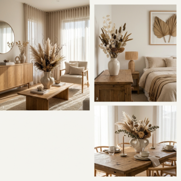 Coordinated decorative dried flower arrangements styled across a living room, entryway, and bedroom for whole-home cohesion.