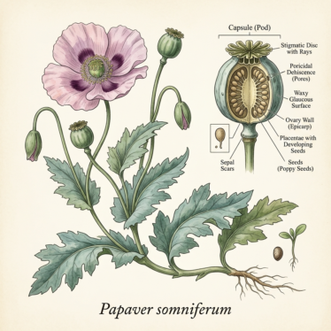 Mature Papaver somniferum plant with labeled seed capsule showing pod wall and stem.