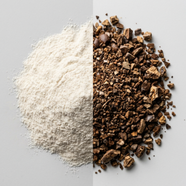 Comparison of fine uniform poppy powder versus coarse uneven grind on white background.