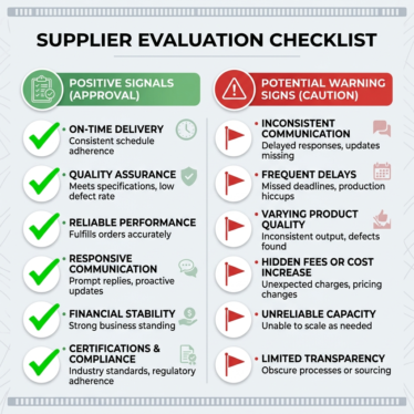Buyer checklist showing green checkmarks for trusted suppliers and red flags for warning signs.