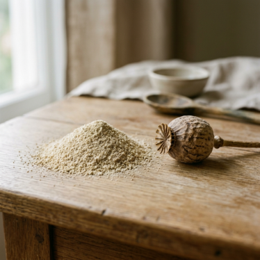 Dried poppy pod powder with an even tan-grey texture beside a whole dried Papaver somniferum pod.