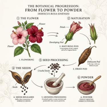 Lifecycle diagram of Papaver somniferum from flowering poppy to dried pod to ground poppy pod powder.