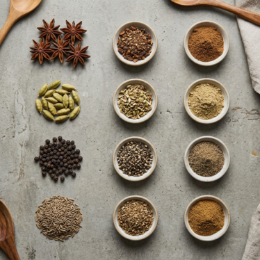 Production stages of ground poppy pods from whole dried pod to coarse and fine powder grades.