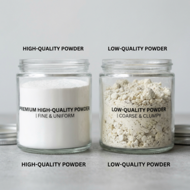 Comparison of premium organic poppy pod powder versus a low-grade clumping sample showing color, texture, and clumping differences.