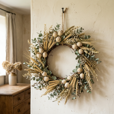 Decorative dried wreath featuring poppy pods, wheat, and eucalyptus in earthy tones.
