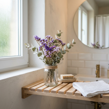 Small decorative dried flower arrangement of statice and eucalyptus on a bathroom shelf.