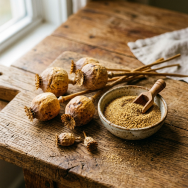 Golden-brown dried poppy pods and finely milled poppy pod powder in a small bowl on a rustic wooden surface.






