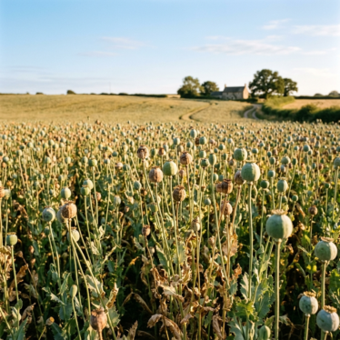 Mature poppy plants with green and drying seed pods in a sunlit field at golden hour






