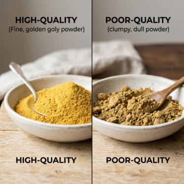 Golden poppy powder comparison: fine silky high-quality powder versus dull clumpy low-quality powder