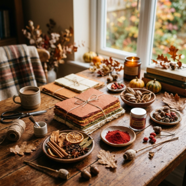 Cozy autumn craft table with handmade paper, potpourri, dried pods, and poppy powder in small dishes by a window.






