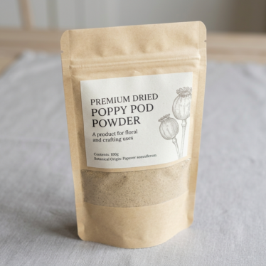 Premium dried poppy pod powder in a neatly packaged pouch with clear product labeling on a clean surface.






