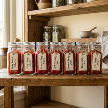 Poppy powder in sealed glass storage jars with labels, neatly arranged on a rustic pantry shelf.






