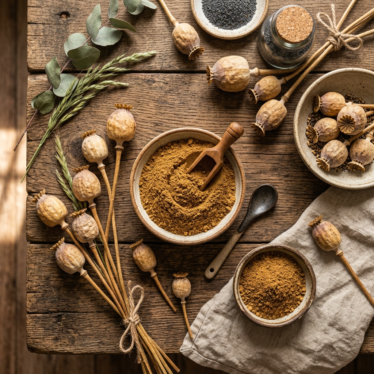 Golden-brown dried poppy pods with bowls of poppy pod powder in a rustic wooden table flat-lay.