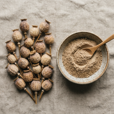Whole dried poppy pods and ground poppy pod powder displayed side by side on a wooden surface.